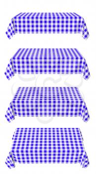Set of rectangular tablecloth with blue checkered pattern isolated on white, horizontal front view, 3d illustration