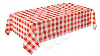 Rectangular tablecloth with red checkered pattern isolated on white, diagonal view, 3d illustration