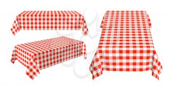 Set of rectangular tablecloth with red checkered pattern isolated on white, 3d illustration