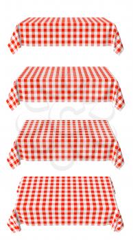Set of rectangular tablecloth with red checkered pattern isolated on white, horizontal front view, 3d illustration