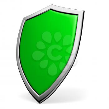Protection, defense and security concept symbol: green shield on isolated on white background