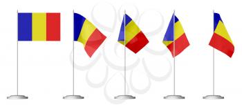 Small table flag of Romania on stand isolated on white, 3d illustrations set