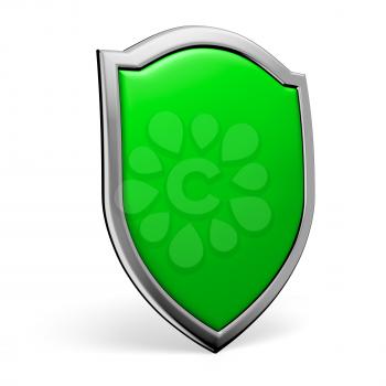 Protection, defense and security concept symbol: green shield on isolated on white background