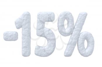 Winter retail, sale, commercial and business advertisement creative abstract concept, christmas sale discount offer snowy special 15 percent price cut off text made of snow isolated on white
