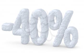 Winter retail, sale, commercial and business advertisement creative abstract concept, christmas sale discount offer snowy special 40 percent price cut off text made of snow isolated on white