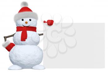 Cheerful snowman with blank white board in red fluffy hat, scarf and mittens isolated on white background, 3d illustration