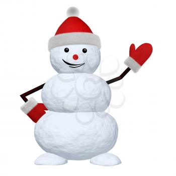 Cheerful snowman with red fluffy hat and mittens pointing to something 3d illustration