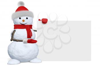 Cheerful snowman shows blank white board in red fluffy hat, scarf and mittens isoalted on white background, 3d illustration