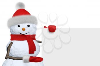 Cheerful snowman shows blank white board in red fluffy hat, scarf and mittens isoalted on white background, 3d illustration