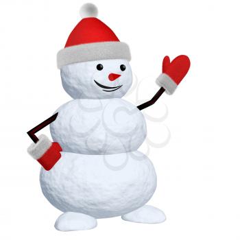 Cheerful snowman with red fluffy hat and mittens pointing to something 3d illustration