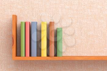 Colored books on wooden bookshelf on the wall with pink wallpaper 3D illustration