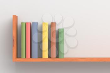 Colored books on wooden bookshelf on white wall 3D illustration