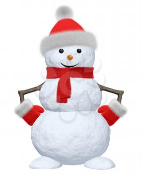 Cheerful snowman with red fluffy hat, scarf and mittens 3d illustration