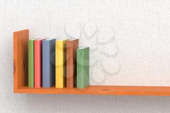 Colored books on wooden bookshelf on the wall with white wallpaper 3D illustration