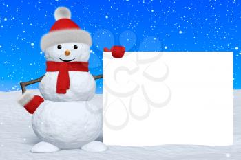 Cheerful snowman with blank white board in red fluffy hat, scarf and mittens on snow under snowfall, 3d illustration