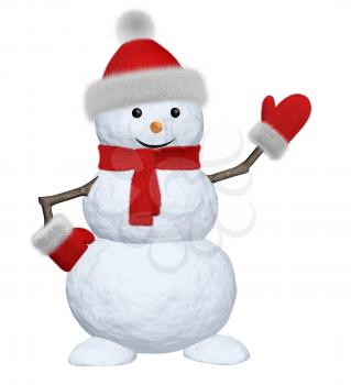 Cheerful snowman with red fluffy hat, scarf and mittens pointing to something 3d illustration