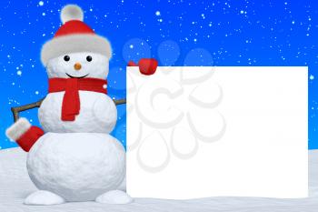 Cheerful snowman with blank white board in red fluffy hat, scarf and mittens on snow under snowfall, 3d illustration