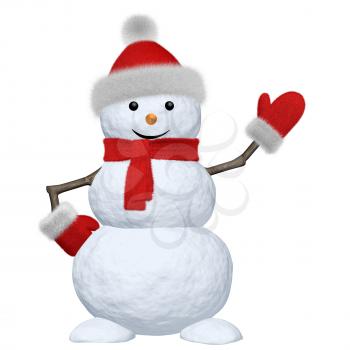 Cheerful snowman with red fluffy hat, scarf and mittens pointing to something 3d illustration