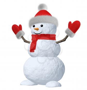 Cheerful snowman with red fluffy hat, scarf and mittens 3d illustration