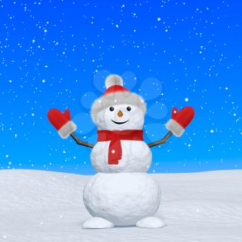 Cheerful snowman with red fluffy hat, scarf and mittens on snow looking up under blue sky and snowfall, 3d illustration