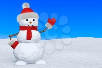 Cheerful snowman with red fluffy hat, scarf and mittens on snow under blue sky pointing to copy-space, 3d illustration