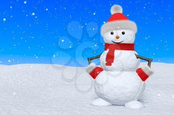 Cheerful snowman with red fluffy hat, scarf and mittens on snow under blue sky and snowfall, 3d illustration