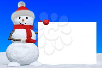 Cheerful snowman shows blank white board in red fluffy hat, scarf and mittens on snow under blue sky, 3d illustration