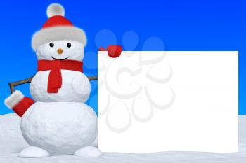 Cheerful snowman with blank white board in red fluffy hat, scarf and mittens on snow under blue sky, 3d illustration