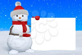 Cheerful snowman shows blank white board in red fluffy hat, scarf and mittens on snow under snowfall, 3d illustration
