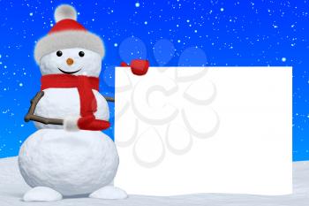 Cheerful snowman shows blank white board in red fluffy hat, scarf and mittens on snow under snowfall, 3d illustration