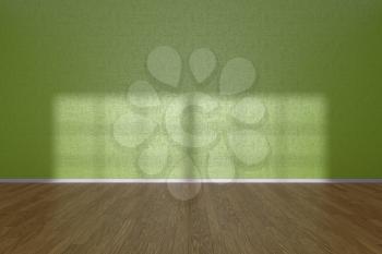Green wall of empty room with wooden parquet floor under sun light through window, 3D illustration