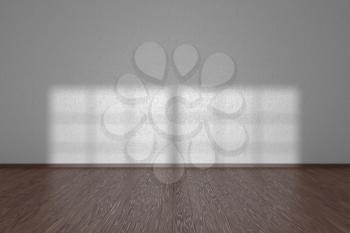 White wall of empty room with dark wooden parquet floor under sun light through window, 3D illustration