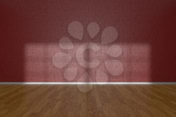 Red wall of empty room with wooden parquet floor under sun light through window, 3D illustration