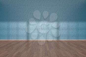 Blue wall of empty room with wooden parquet floor under sun light through windows, 3D illustration