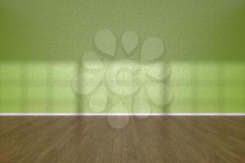 Green wall of empty room with wooden parquet floor under sun light through windows, 3D illustration
