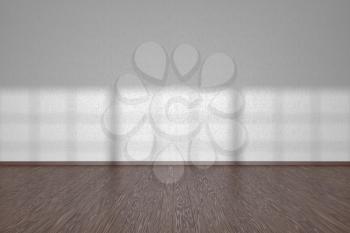 White wall of empty room with dark wooden parquet floor under sun light through windows, 3D illustration