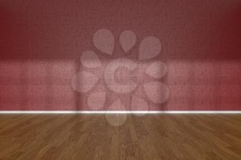 Red wall of empty room with wooden parquet floor under sun light through windows, 3D illustration