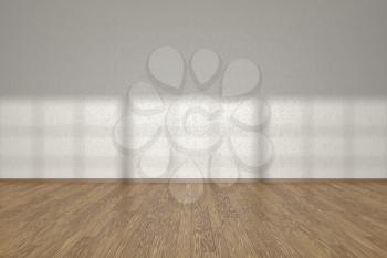 White wall of empty room with wooden parquet floor under sun light through windows, 3D illustration
