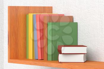 Colored books on wooden bookshelf on the wall with white wallpaper 3D illustration