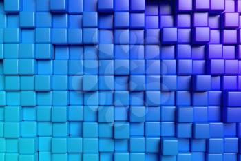 Abstract conceptual design of the wall: abstract blue graphic background made of colored cubes in front view, 3d illustration