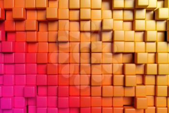 Abstract conceptual design of the wall: abstract orange graphic background made of colored cubes in front view, 3d illustration