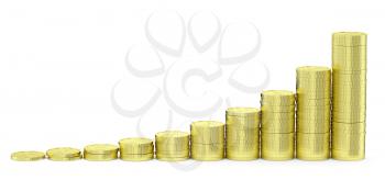 Financial growth and business success creative concept - growing golden bar chart contains of gold dollars coins isolated on white background 3d-illustration