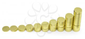 Financial growth and business success creative concept - growing golden bar chart contains of gold dollar coins isolated on white background, 3d illustration