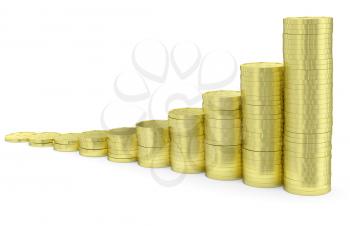 Financial growth and business success creative concept - growing golden bar chart contains of gold dollar coins isolated on white background, 3d illustration.