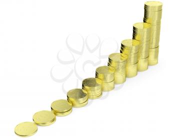 Financial growth and business success creative concept - growing golden bar chart contains of gold dollars coins isolated on white background 3d illustration.