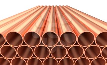 Heavy metallurgical industry production and non-ferrous industrial products creative abstract illustration: many stainless metal shiny copper pipes lying in rows isolated on white 3D illustration
