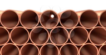 Heavy metallurgical industry production and non-ferrous industrial products creative abstract illustration: many stainless metal copper pipes lying in rows isolated, creative industrial 3D illustratio