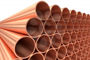 Heavy metallurgical industry production and non-ferrous industrial products creative abstract illustration: many stainless metal shiny copper pipes lying in rows diagonal view, 3D illustration