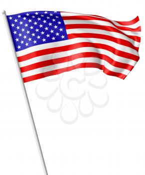 National flag of United States of America with stars and stripes with flagpole flying and waving in the wind isolated on white, 3d illustration