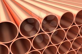 Heavy metallurgical industry production and non-ferrous industrial products creative abstract illustration: many stainless metal shiny copper pipes lying in rows, creative industrial 3D illustration